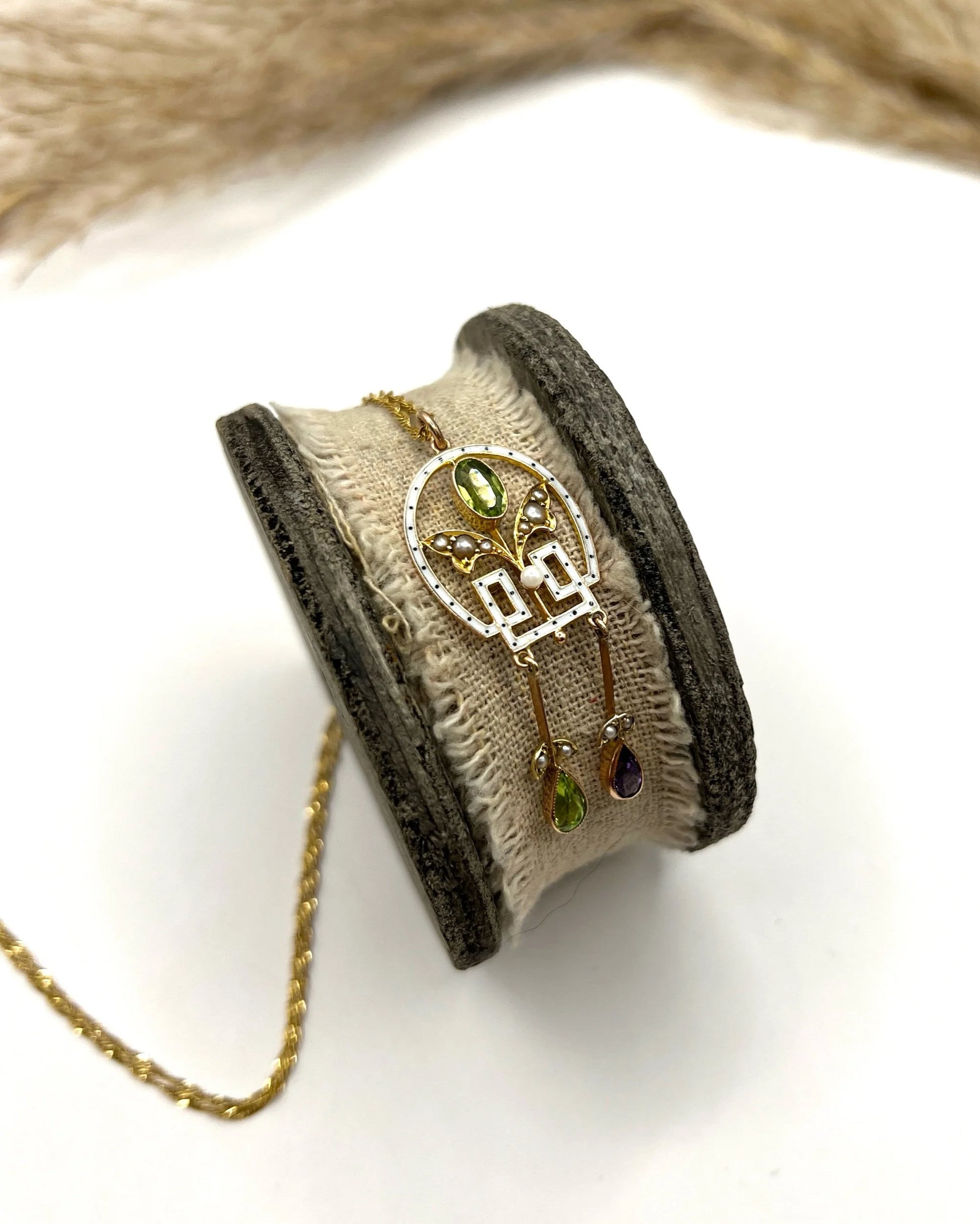Antique 9 ct Gold, Edwardian Amethyst, Peridot, Seed Pearl And Enamel Suffragette Pendant