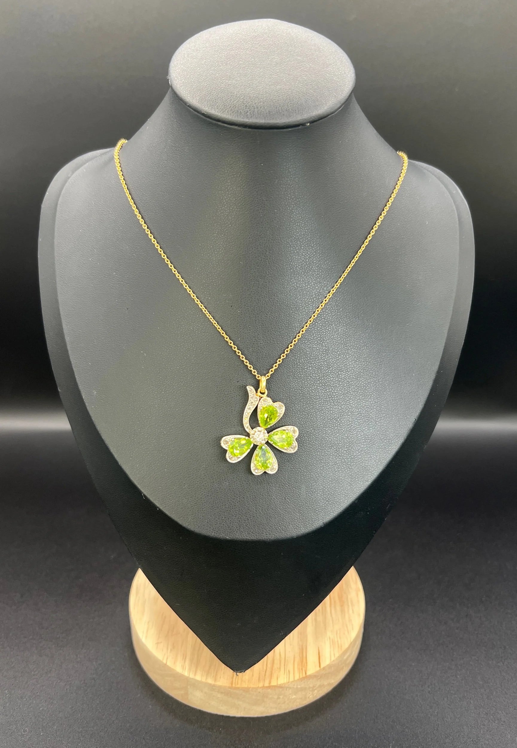 Edwardian Antique Peridot and Diamond Four Leaf Clover Pendant