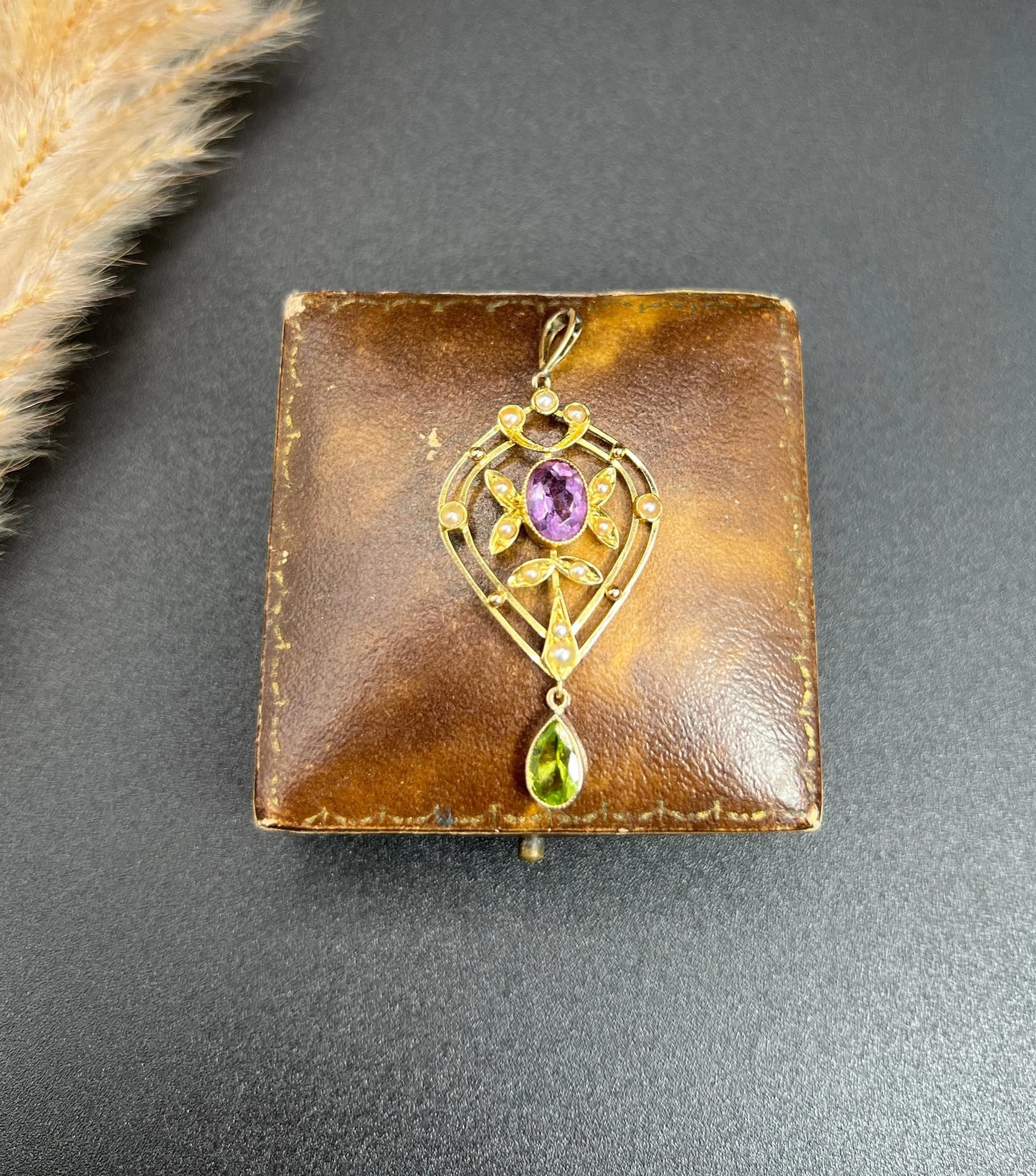 Antique 15 ct Gold Authentic Edwardian Suffragette Pendant set with Amethyst, Peridot And Seed Pearls