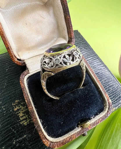 Antique 18 Carat Yellow and White Gold Oval Amethyst and Diamond Ring