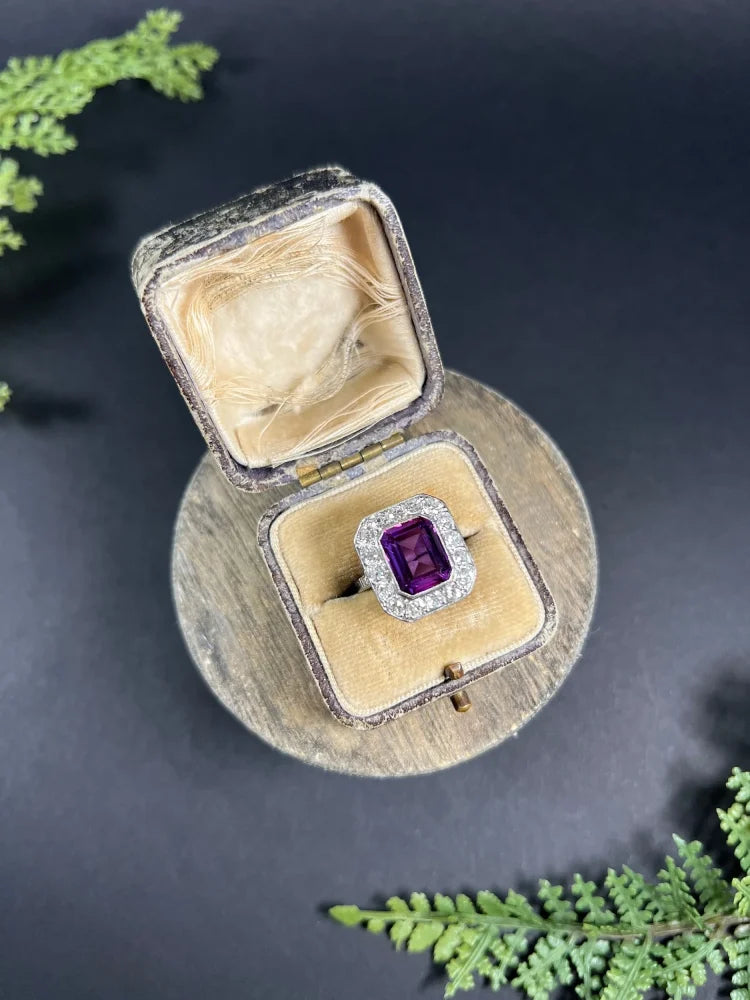 Antique Art Deco Amethyst and Diamond Rectangular Cluster Engagement Ring