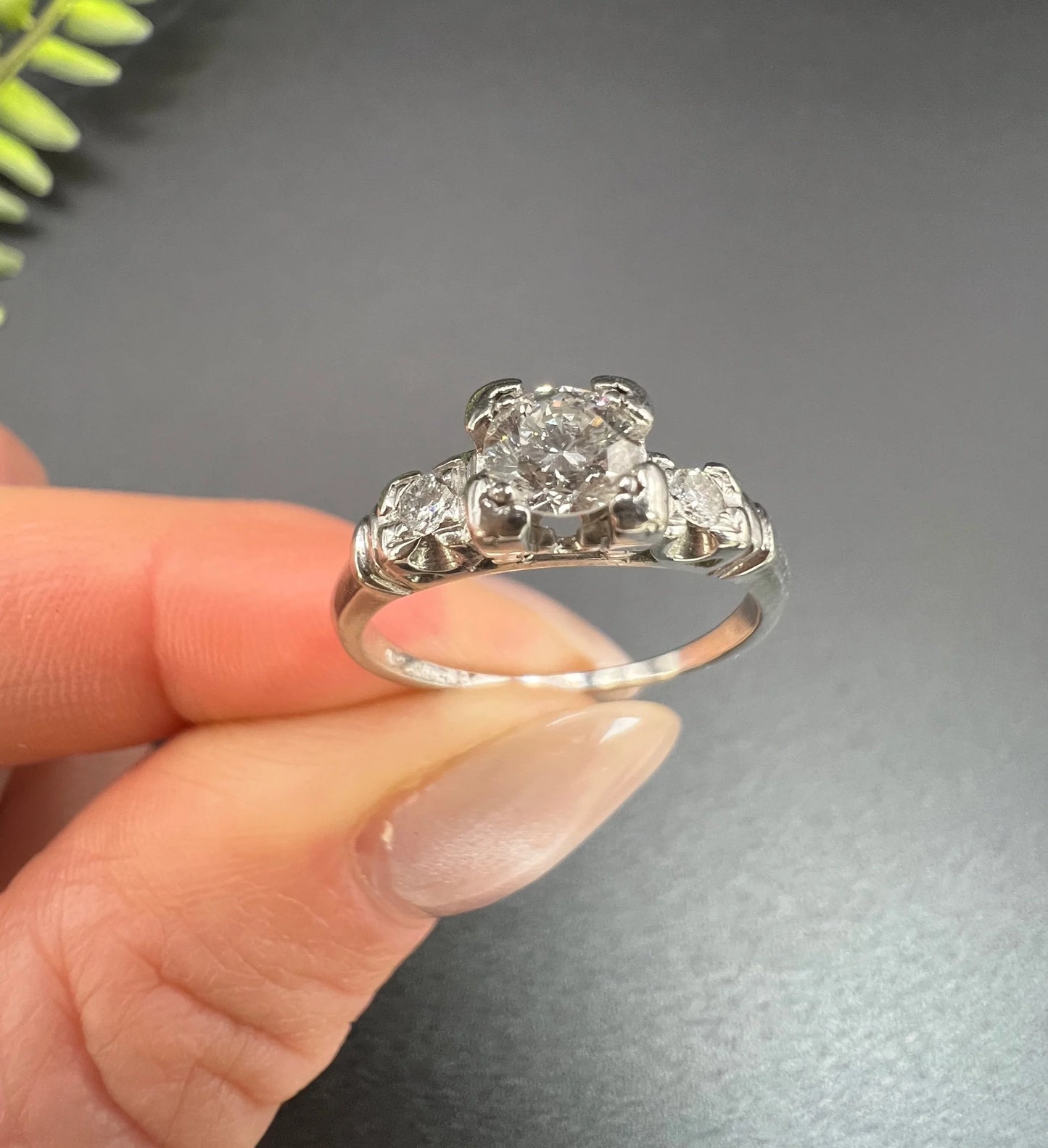 Antique Platinum 1920's Single Stone Diamond Engagement Ring With Diamond Shoulders