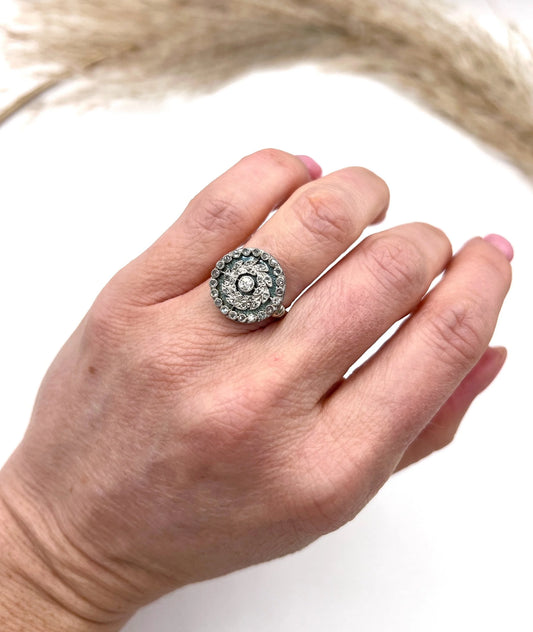 Antique 14 Carat White Gold Diamond and Guilloche Enamel Fancy Cluster Ring, Circa 1900