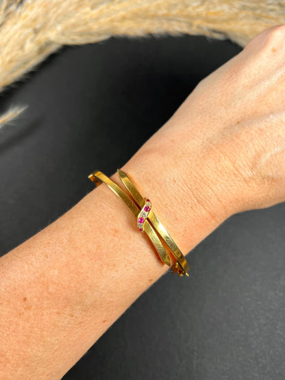 Vintage 15 Carat Yellow Gold, 1930's Ruby And Diamond Crossover Bangle
