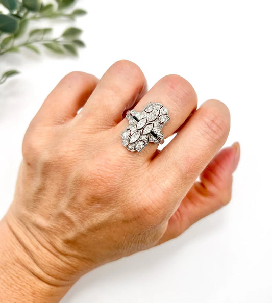 Vintage Marquise Diamond and Onyx Plaque Ring