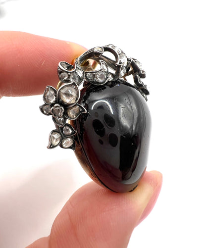 Early Victorian Antique Cabochon Garnet and Diamond Locket Pendant in Original Henry Tessier Box