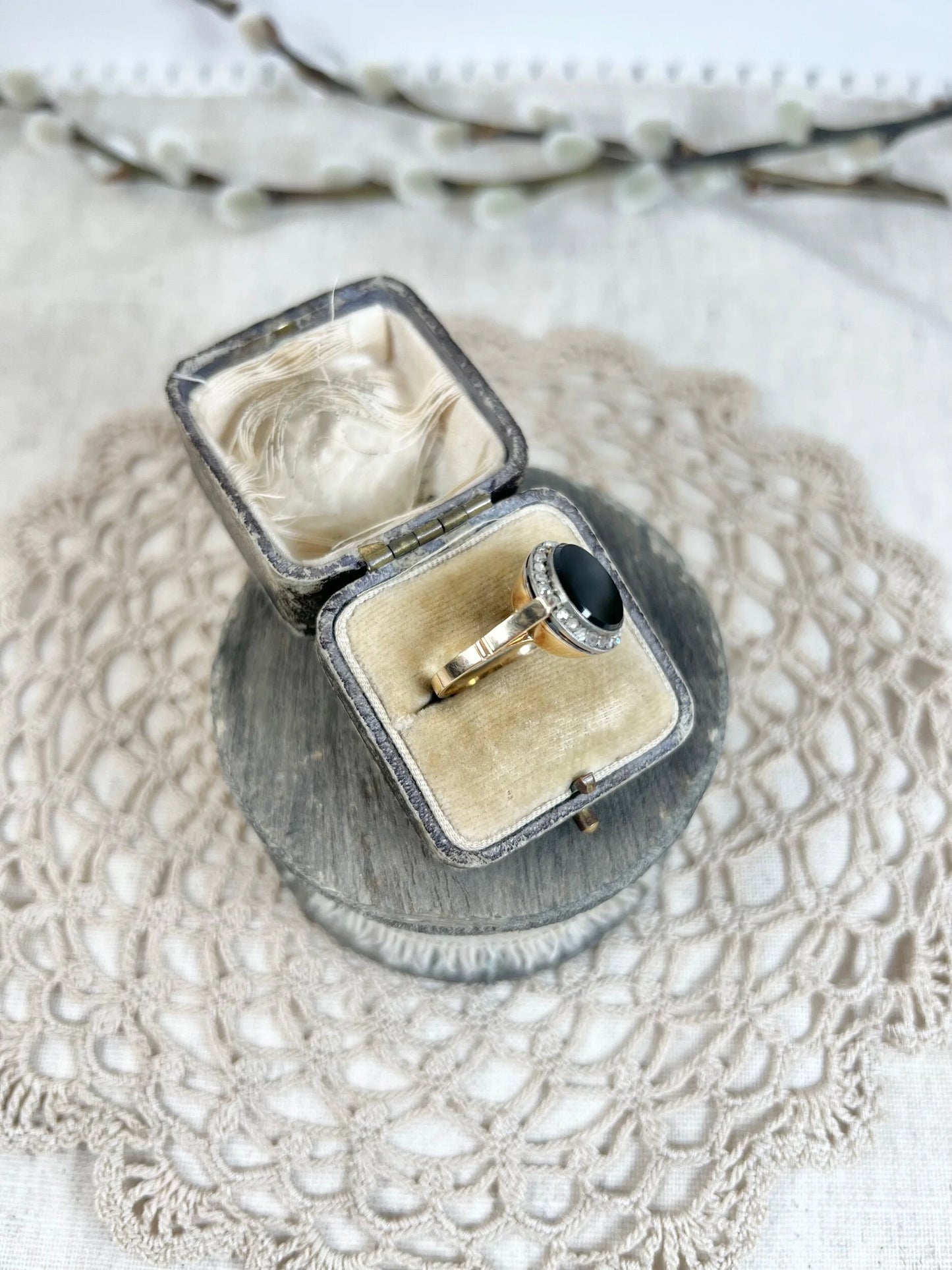 Art Deco Vintage Onyx and Diamond Halo Cluster Target Ring