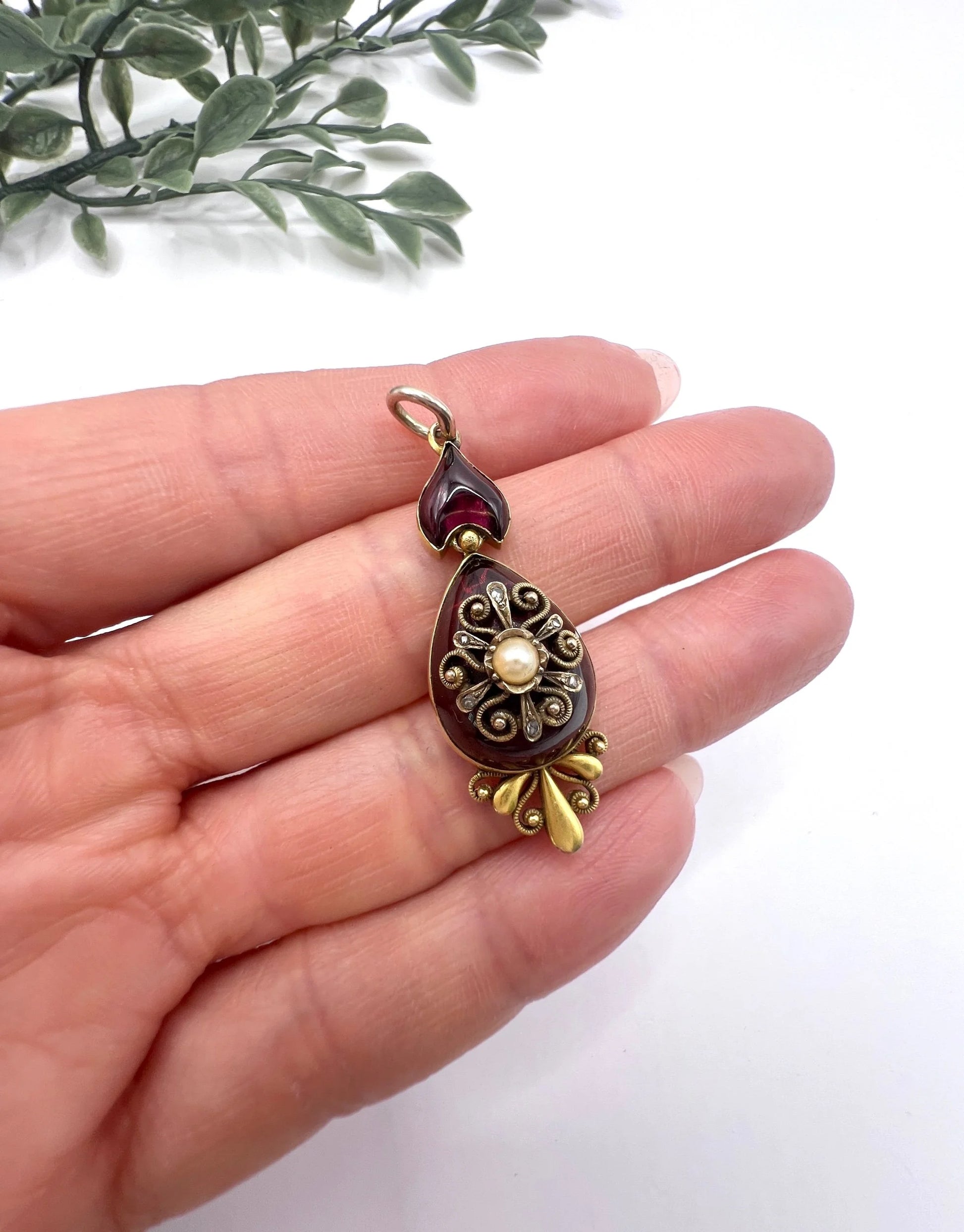 Victorian 15 Carat Gold Cabochon Garnet, Diamond and Seed Pearl Pendant, Circa 1860