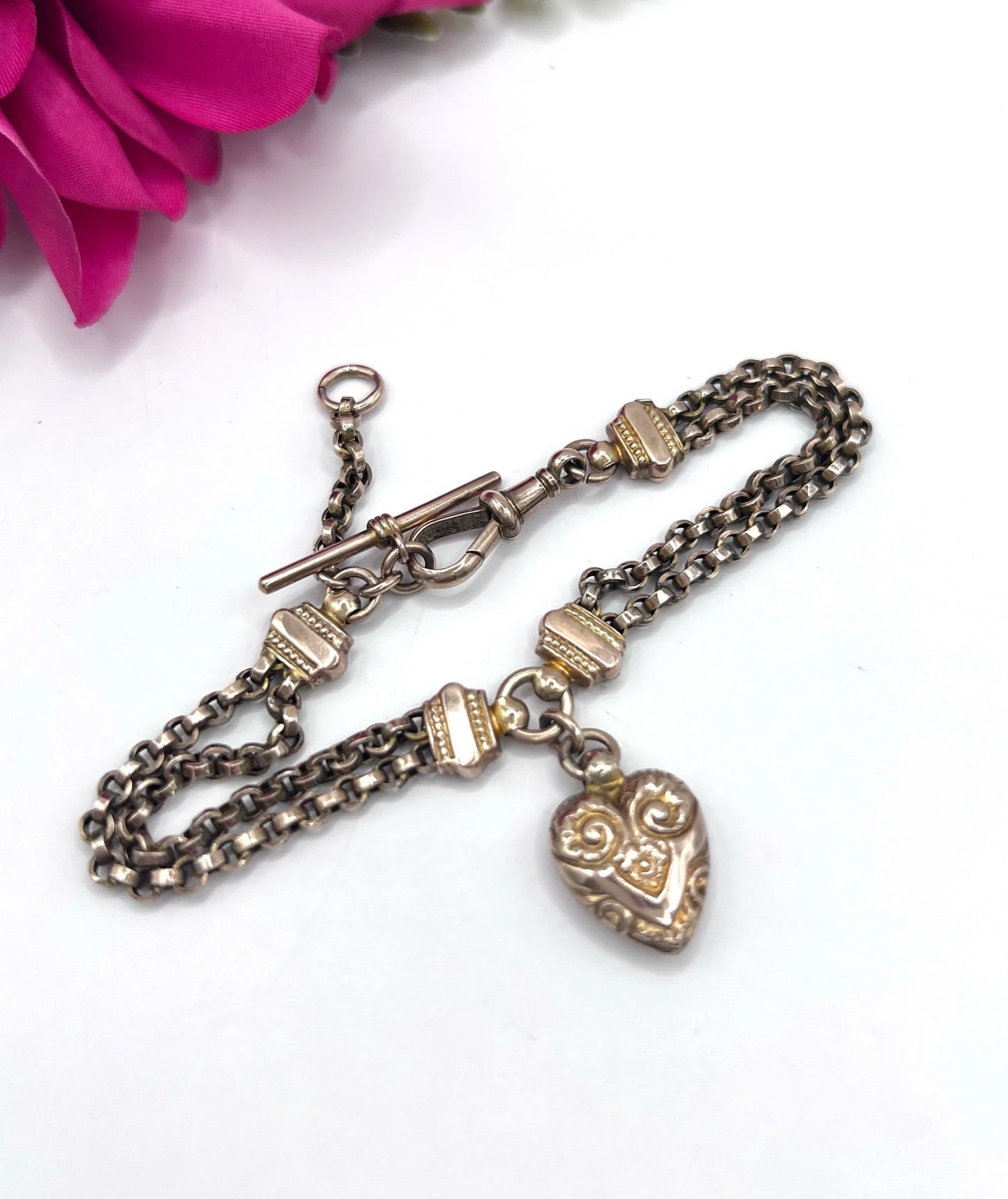 Antique 9 ct Gold, Victorian Belcher Link Heart And T-bar Albertina Bracelet