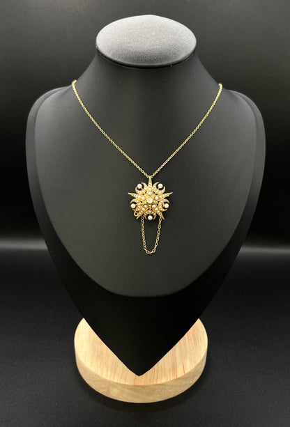 Antique 15 Carat Yellow Gold Diamond and Seed Pearl Crescent Star Brooch/Pendant