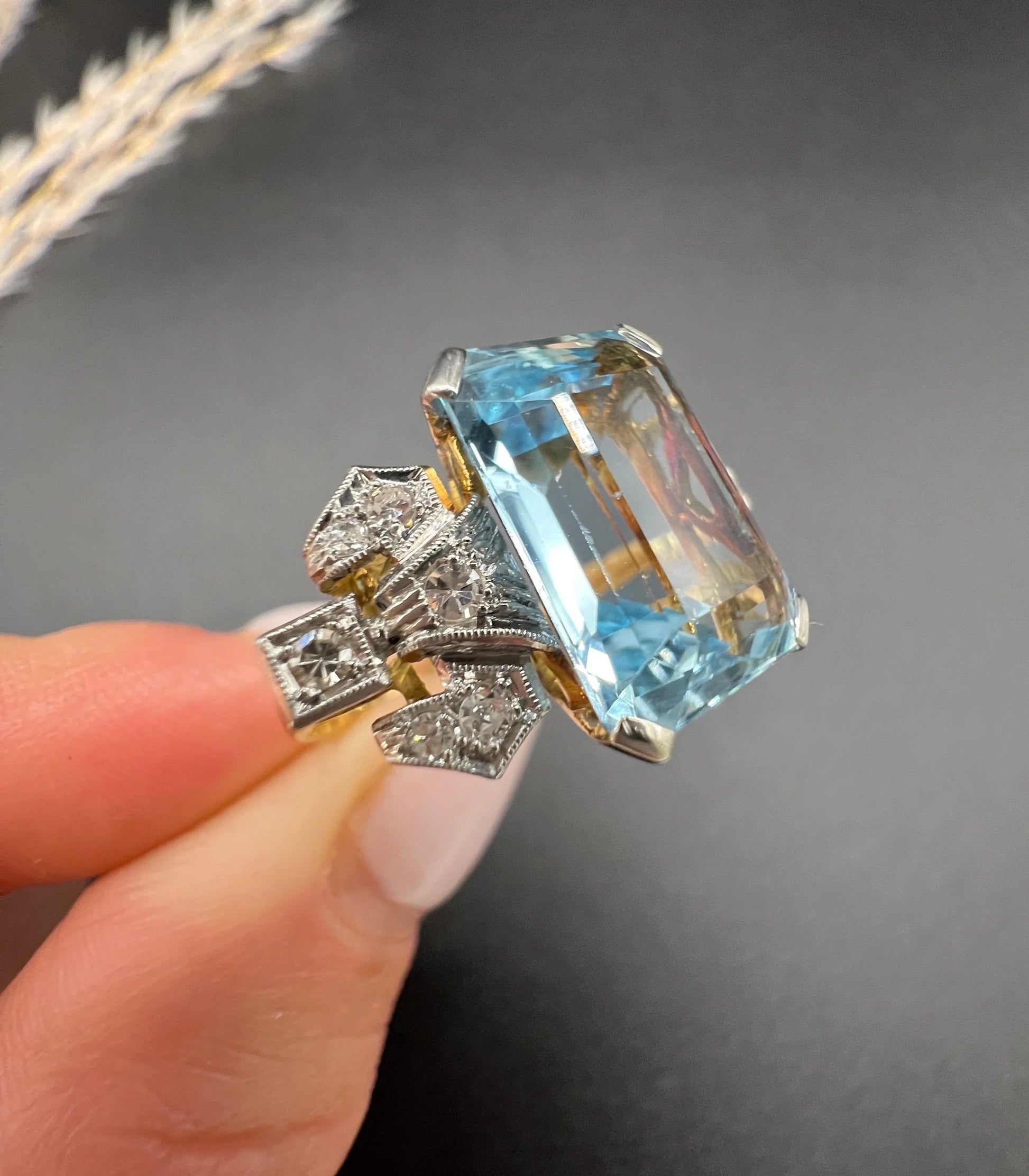Art Deco Aquamarine and Diamond Cocktail Ring