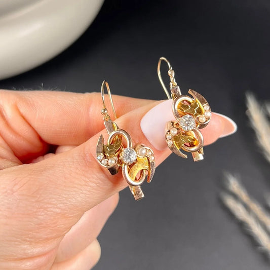 Victorian 12 Carat Gold Diamond and Pearl Drop Earrings, Circa 1880