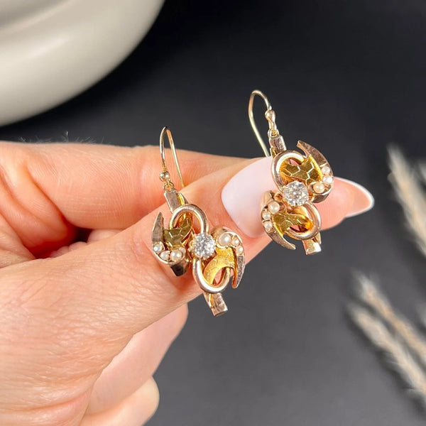 Victorian 12 Carat Gold Diamond and Pearl Drop Earrings, Circa 1880