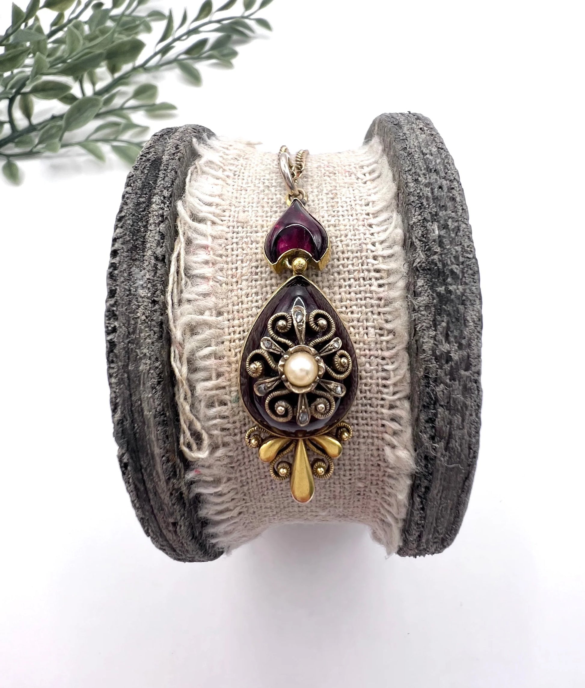 Victorian 15 Carat Gold Cabochon Garnet, Diamond and Seed Pearl Pendant, Circa 1860