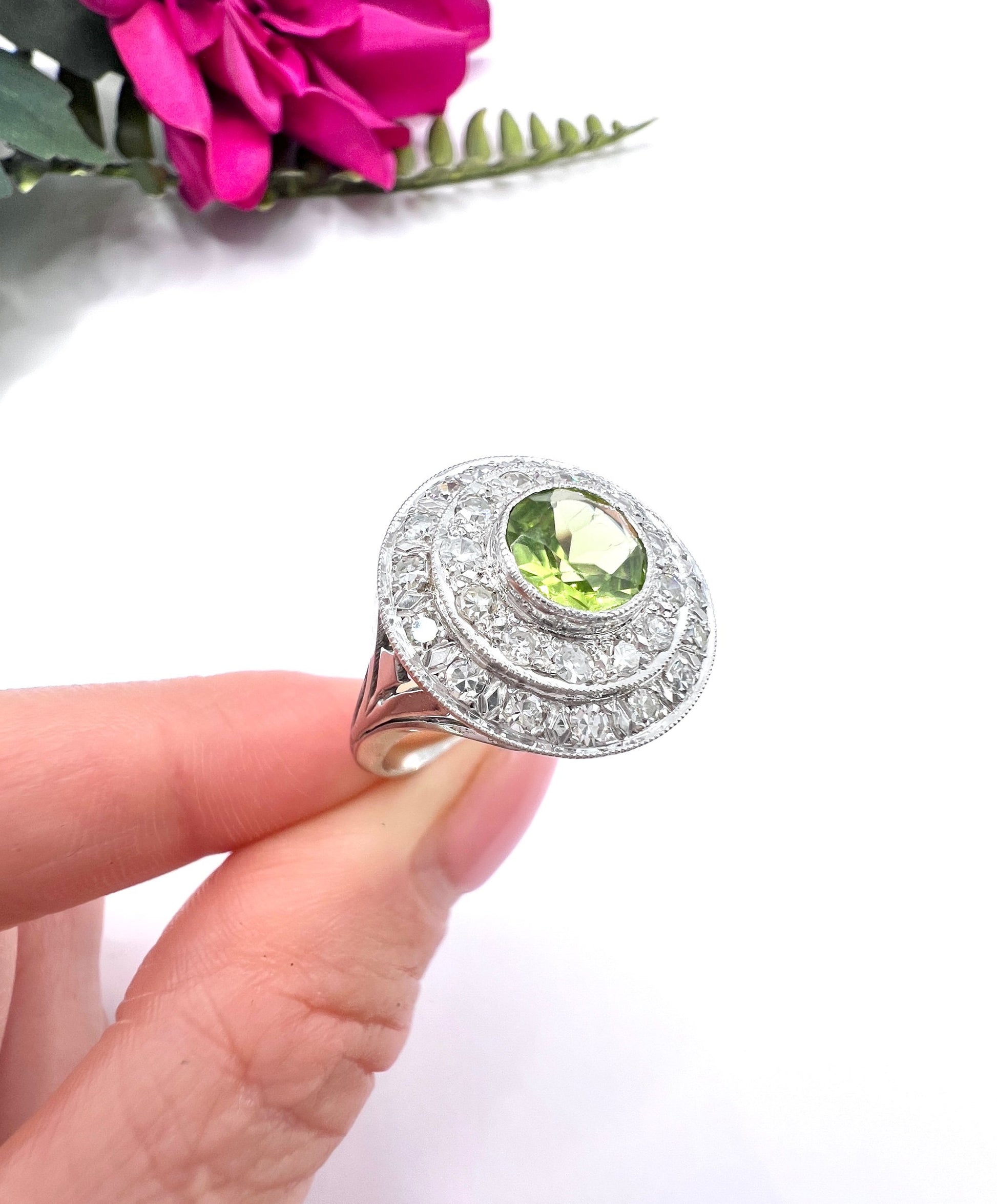 Vintage 18ct Gold French, 1940s Peridot and Diamond Double Halo Ring