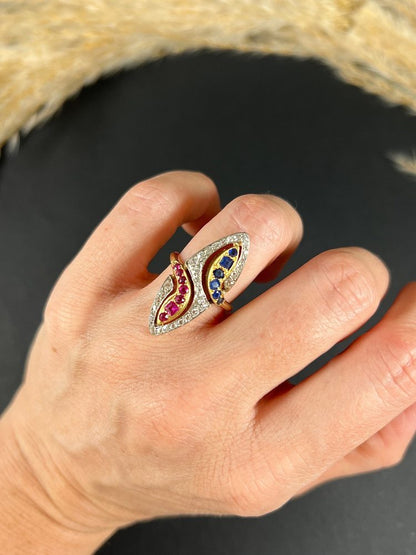 Vintage Ruby Sapphire Diamond Double Head Snake Navette Cluster Ring