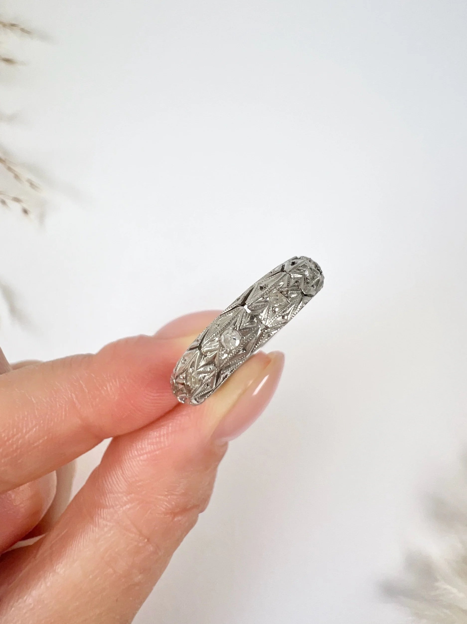 Art Deco Platinum Diamond Set Fancy Filigree Band Ring, Circa 1920