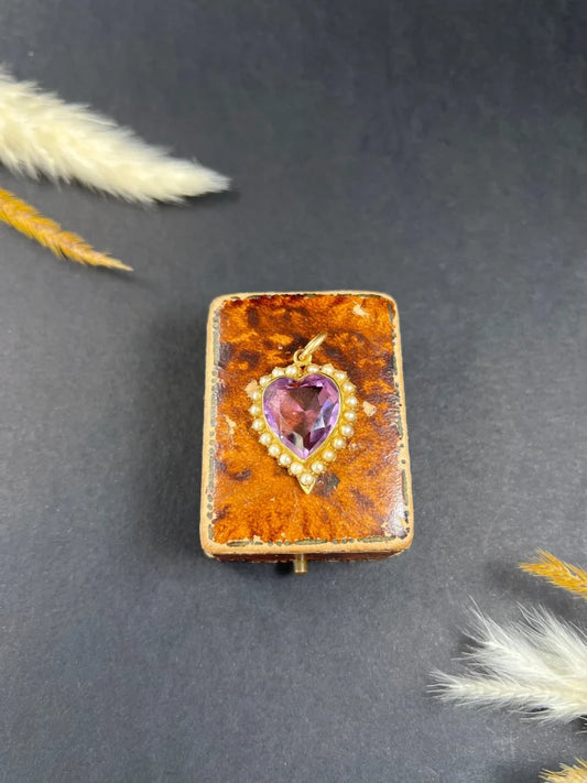 Antique Amethyst And Pearl Heart Pendant In 15 Carat Yellow Gold