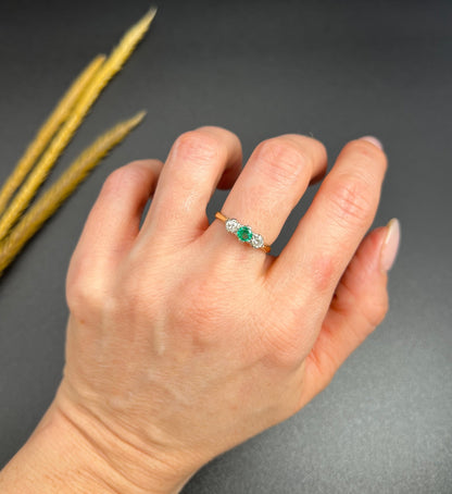 Vintage 18 ct Yellow Gold And Platinum 1950's 3 Stone Emerald And Diamond Trilogy Engagement Ring