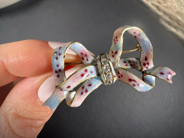 Antique 14 Carat Gold Floral Enamel and Diamond Bow Brooch, Circa 1900