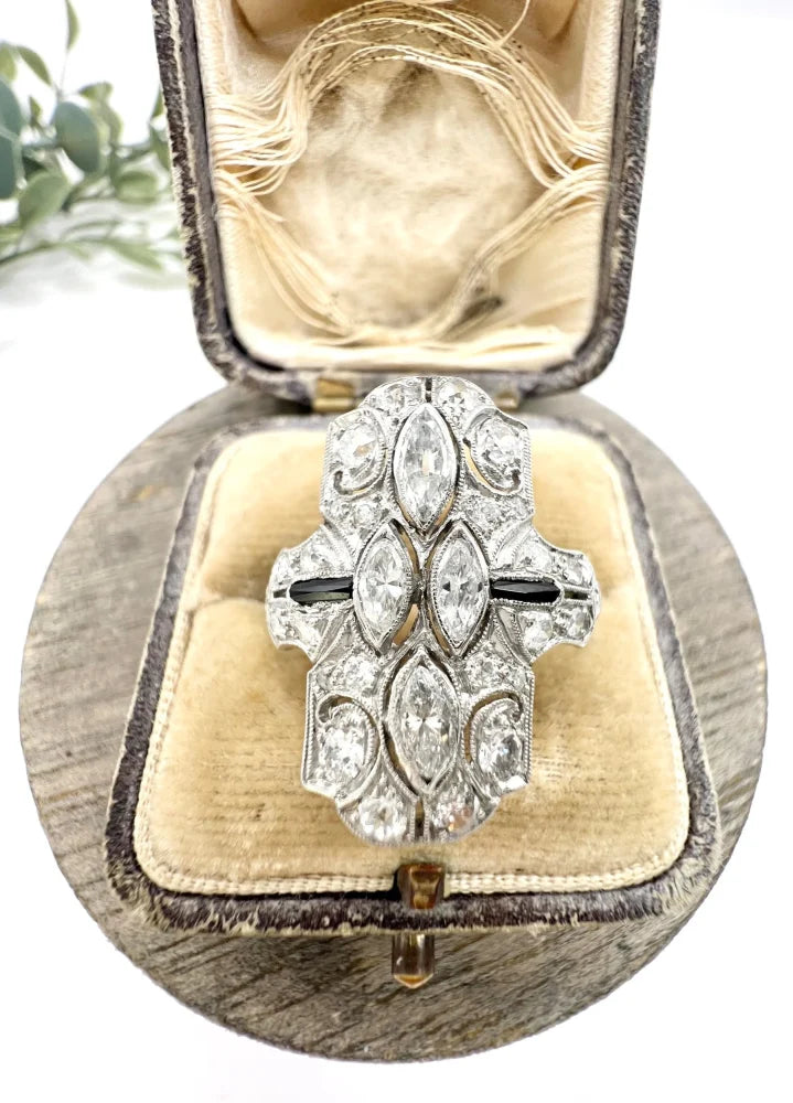 Vintage Marquise Diamond and Onyx Plaque Ring