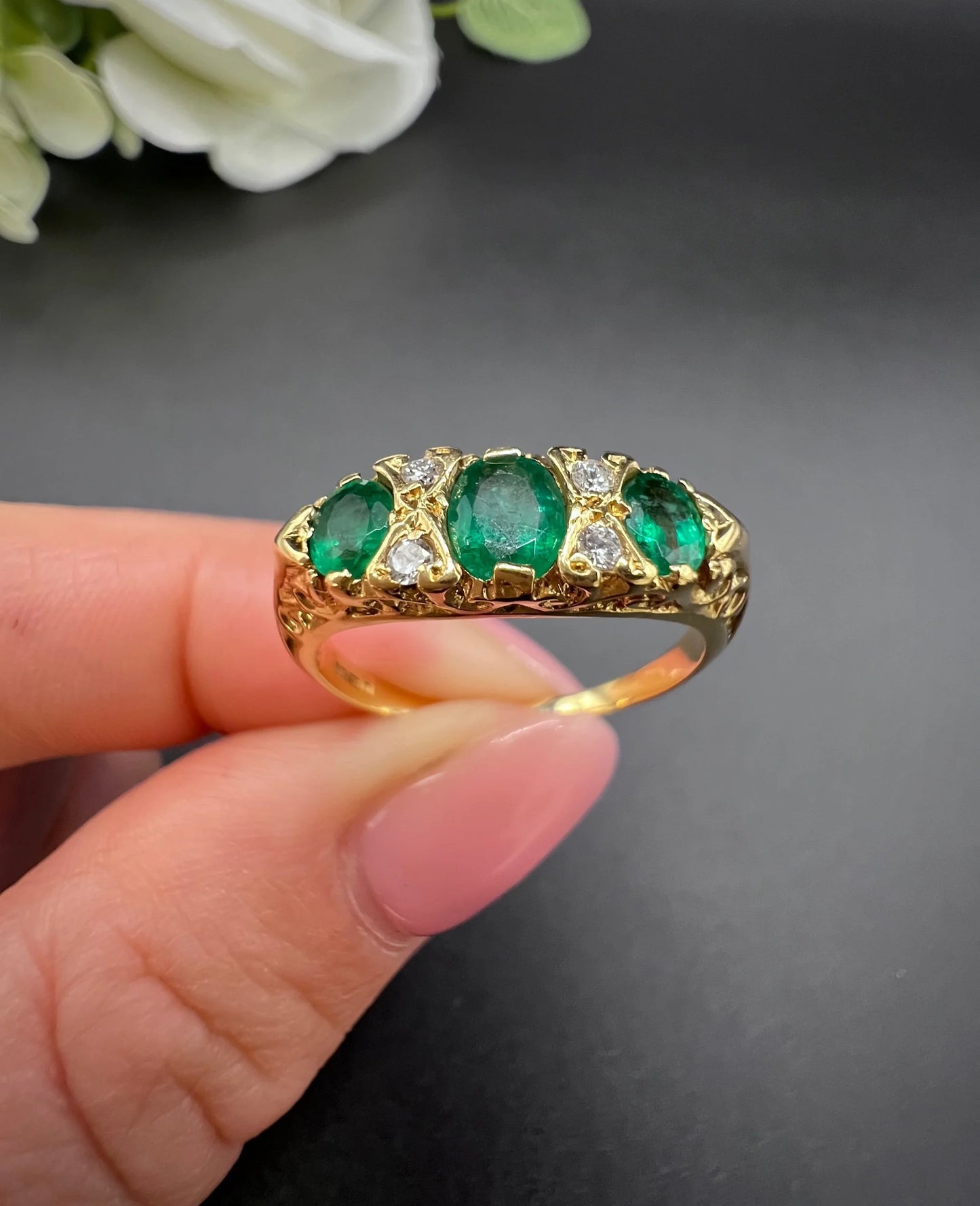 Vintage 18ct Yellow Gold, 1960s Victorian Style Emerald and Diamond Carved Ring