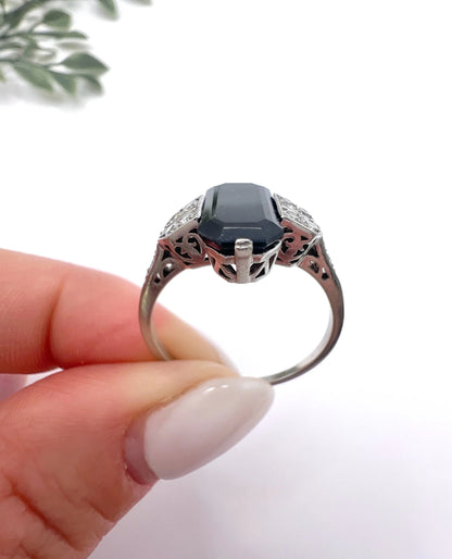 Antique Platinum, 1920s Original Art Deco Rectangular Sapphire & Diamond Ring
