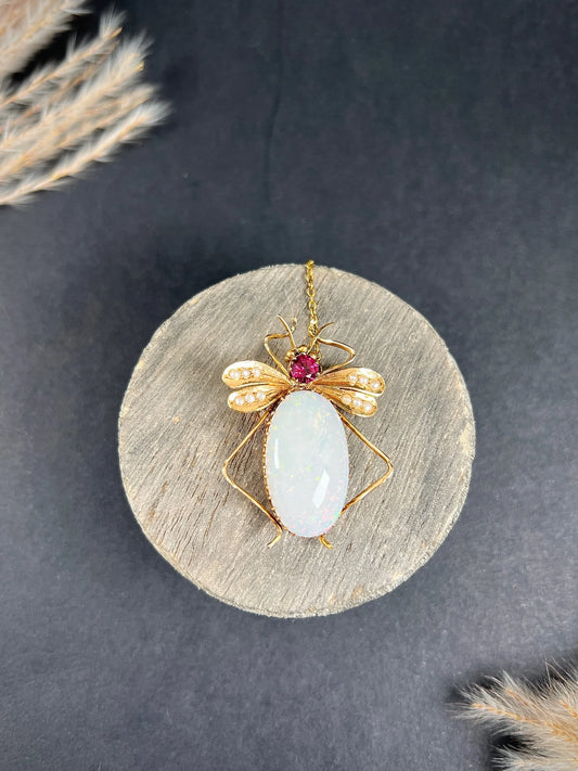 Antique 15 Carat Gold Edwardian Almandine Garnet, Opal And Pearl Insect Brooch
