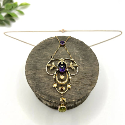Antique Edwardian 9ct Gold Stamped Suffragette Pendant Necklace with Amethyst Peridot Seed Pearls