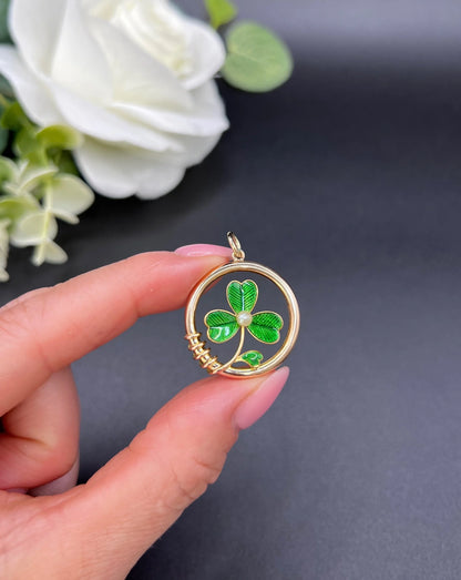 Antique 15 ct Gold, Edwardian Green Enamel And Pearl, 3 Leaf Clover Shamrock Pendant