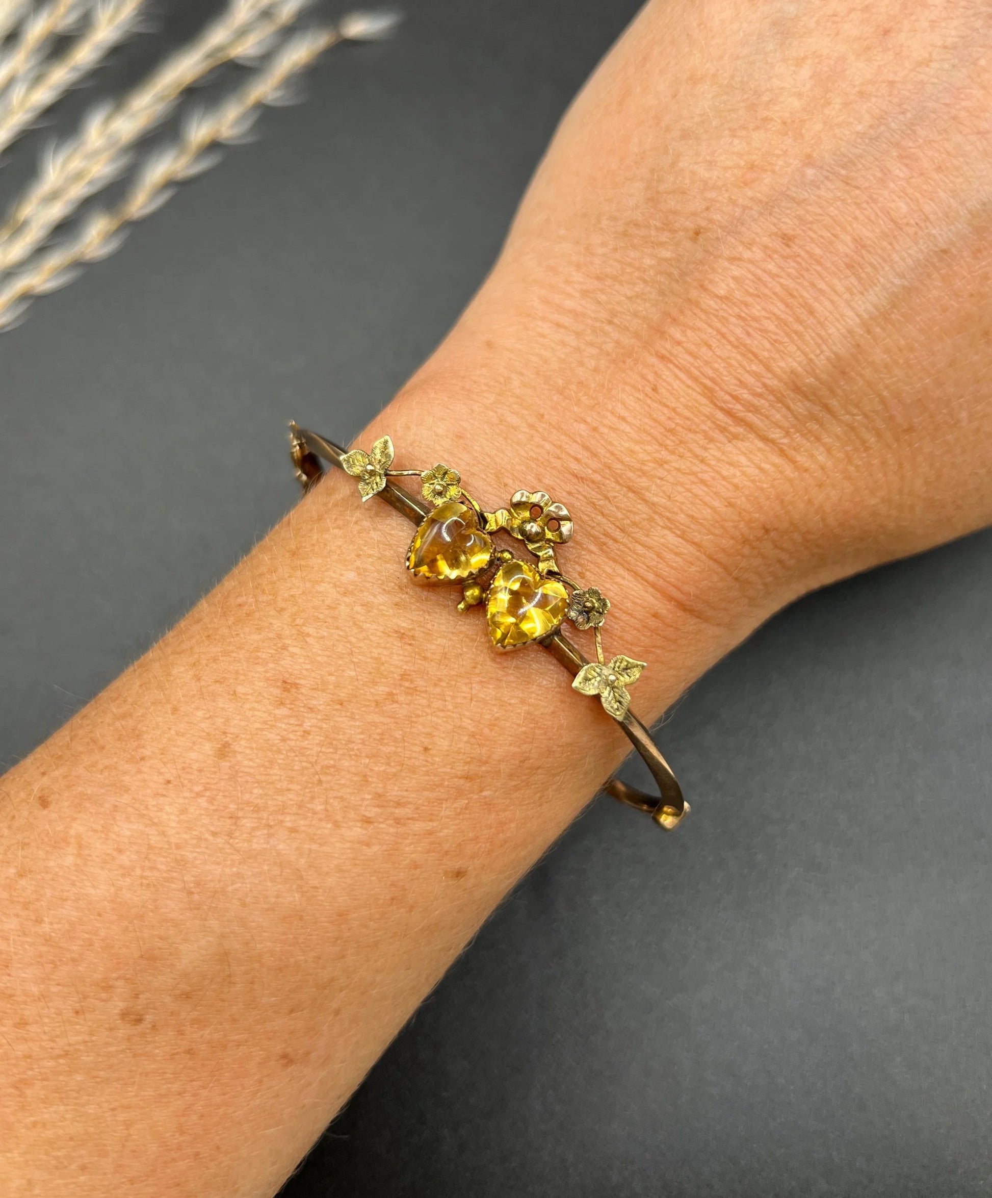 Antique 9 ct Gold Edwardian Citrine Heart, Knife Edge Bangle
