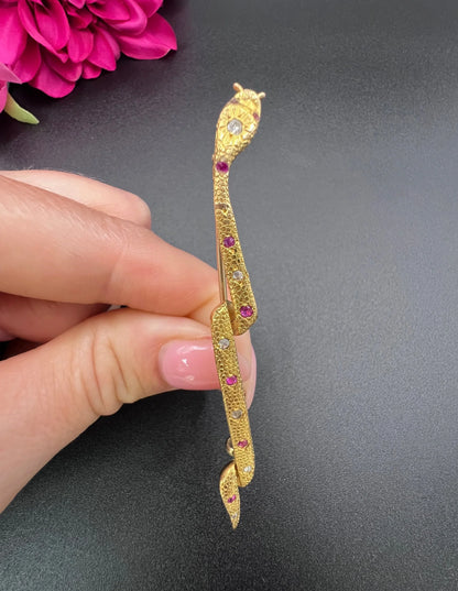 Antique 18ct Gold, Edwardian Ruby & Diamond Snake Brooch