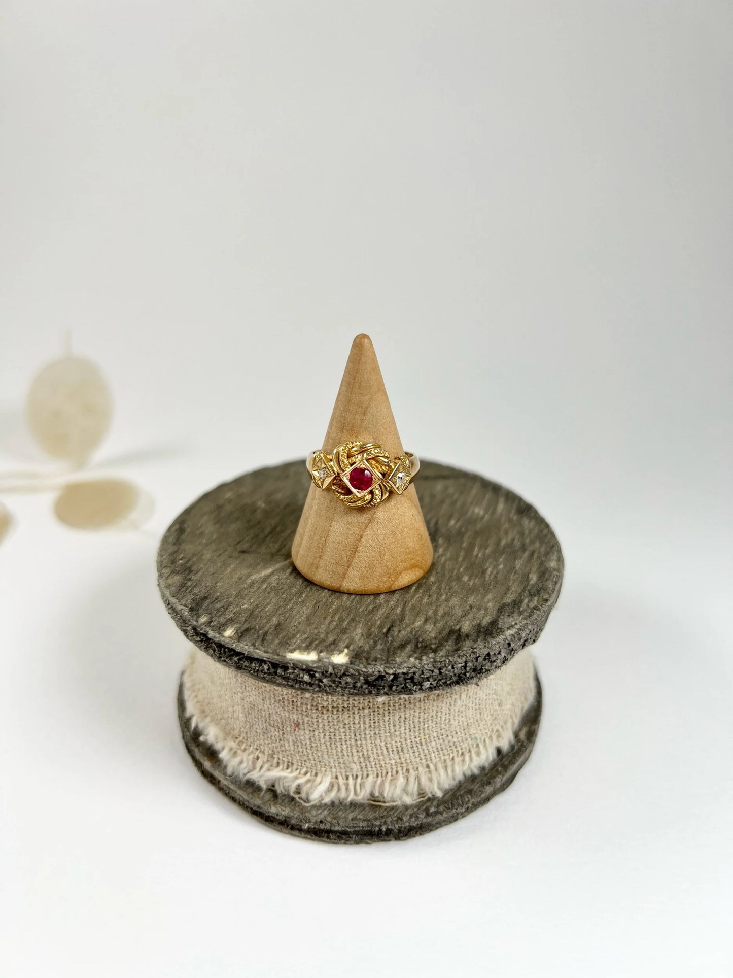 Antique 18 Carat Gold Ruby and Diamond Fancy Knot Ring, Hallmarked Birmingham 1916