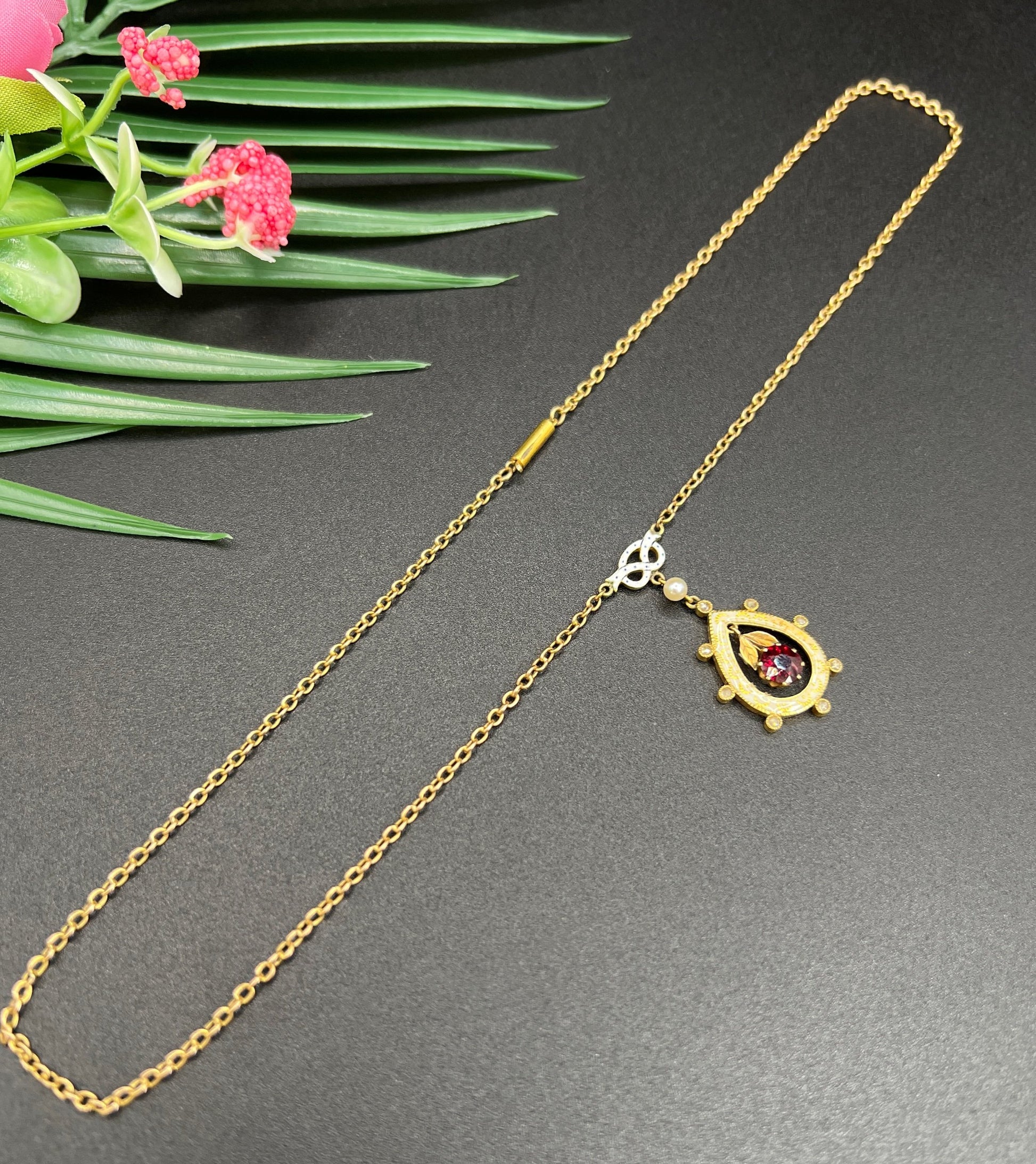 Antique 15 ct Gold, Edwardian Garnet, Diamond, Seed Pearl And Enamel Pendant Necklace