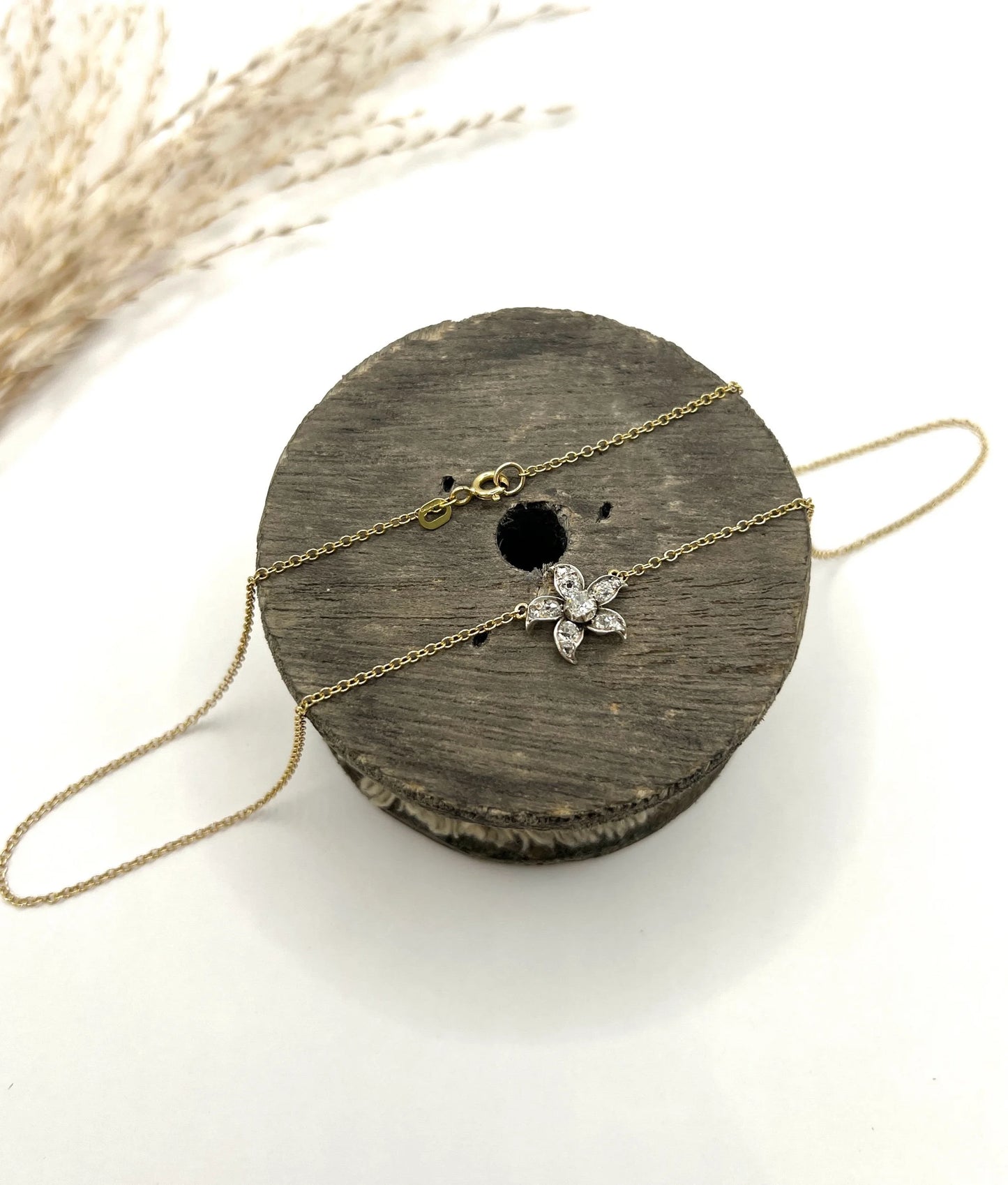 Antique 9 Carat Gold, Victorian Old Cut Diamond Flower Pendant Necklace