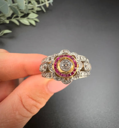 Antique 18 Carat Yellow Gold And Platinum Cocktail Ring With Diamonds And Rubies