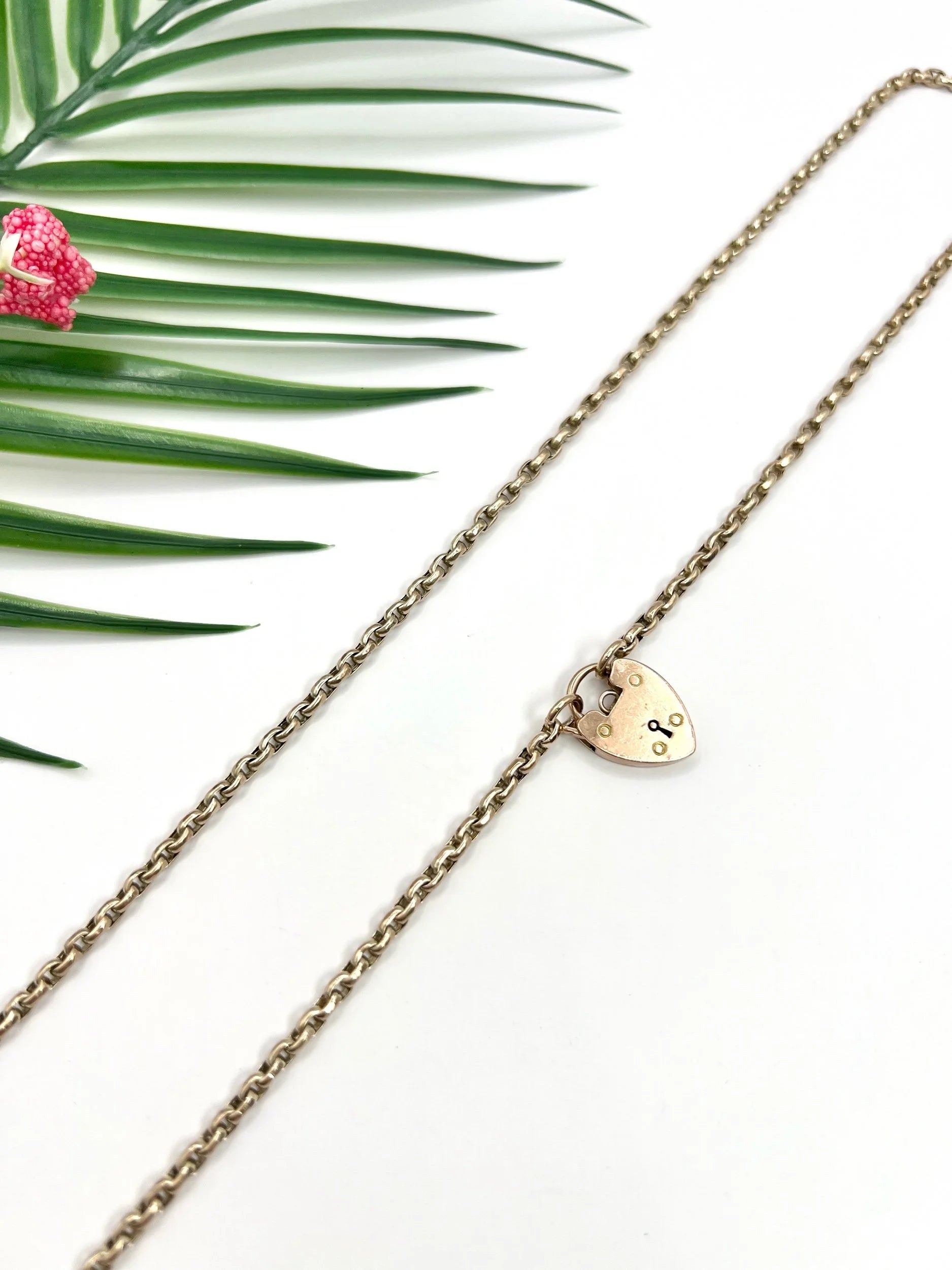Antique 9 ct Rose Gold Oval Faceted Belcher Link Chain With Heart Padlock Clasp