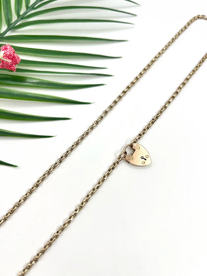 Antique 9 ct Rose Gold Oval Faceted Belcher Link Chain With Heart Padlock Clasp