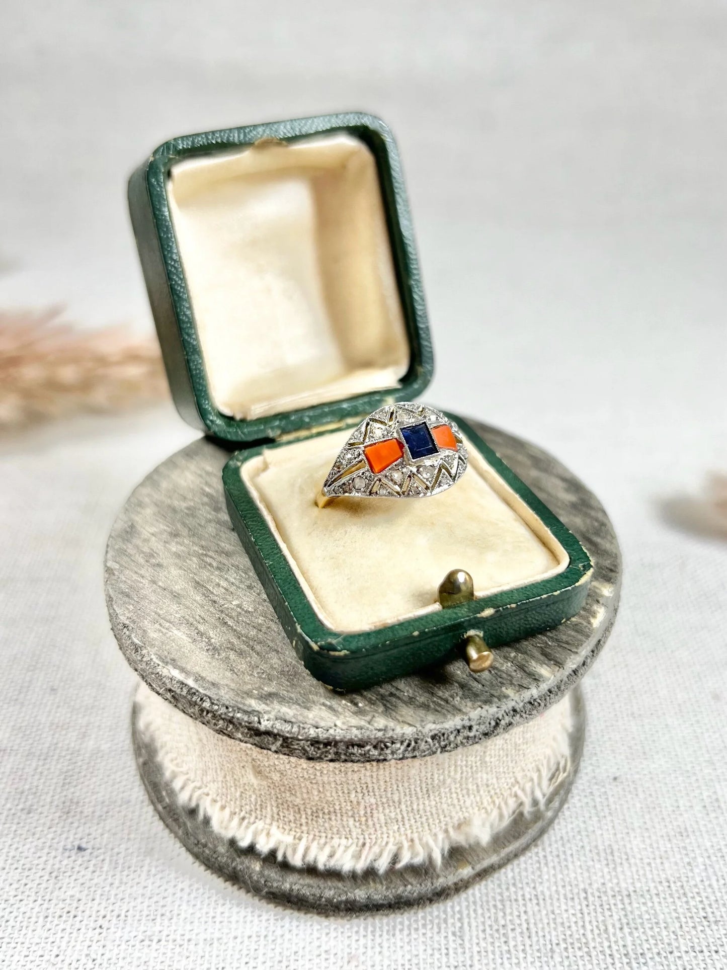 Antique 1920's Art Deco, 18 ct Gold And Platinum Sapphire, Coral And Diamond Dome Ring