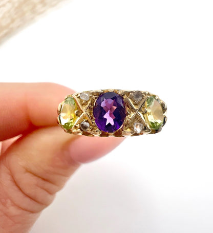 Antique 18 ct Yellow Gold, Amethyst, Diamond And Peridot Suffragette Ring