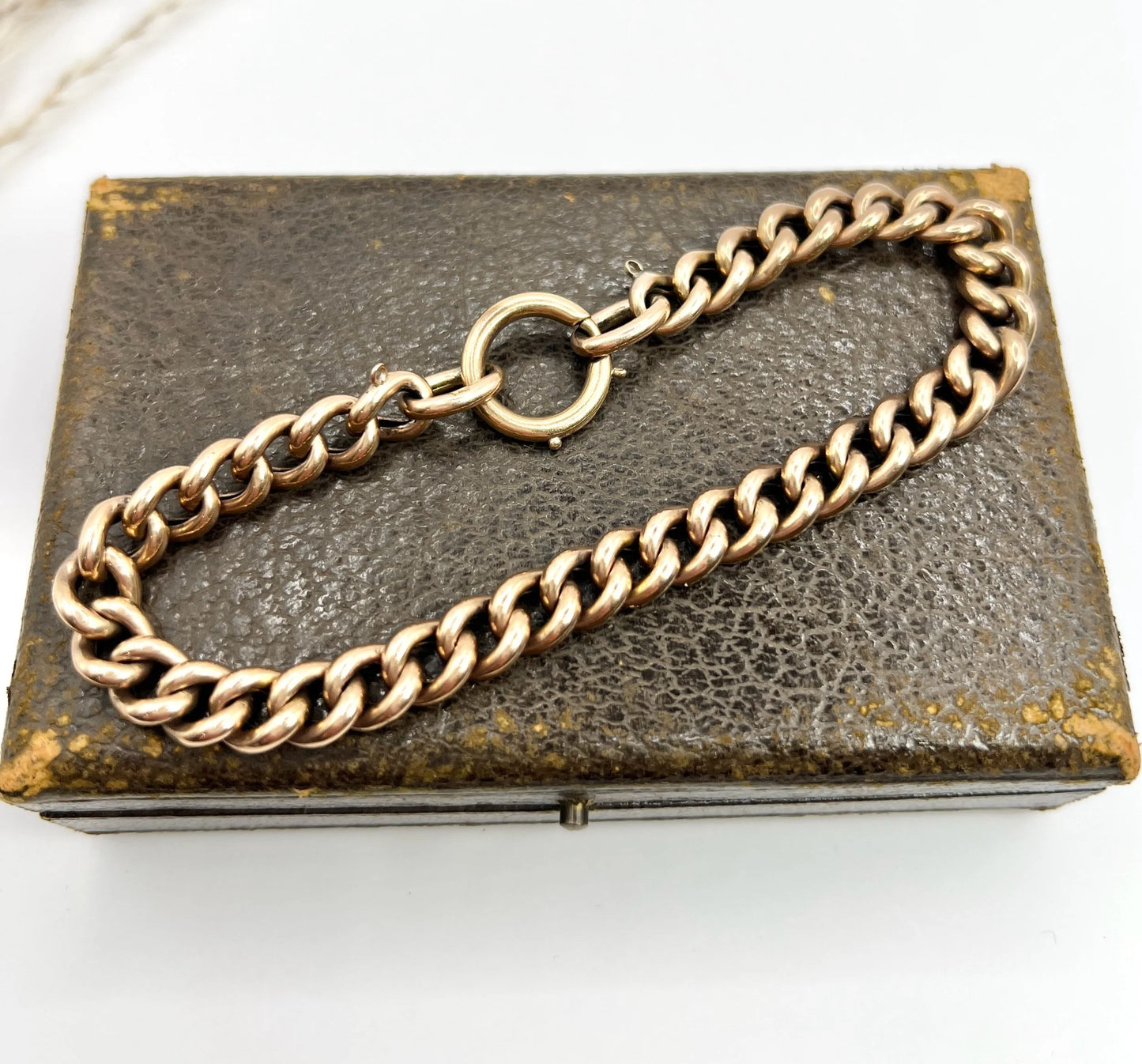 Edwardian 9 Carat Rose Gold Night and Day Floral Curb Bracelet with Large Bolt Ring