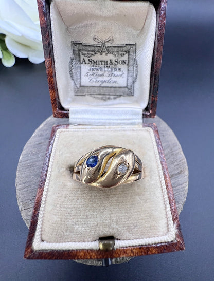 Antique 18ct Yellow Gold, Victorian Sapphire & Diamond Double-Headed Snake Ring