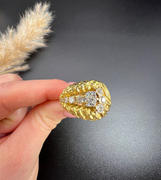 Vintage French 1950s Hammered 18ct Yellow Gold Diamond Buckle Ring, 18ct yellow gold buckle ring with unique hammered finish adorned with diamonds