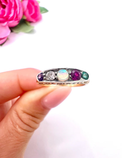 Antique 18 Carat Gold ADORE Amethyst, Diamond, Opal, Ruby and Emerald Acrostic Ring
