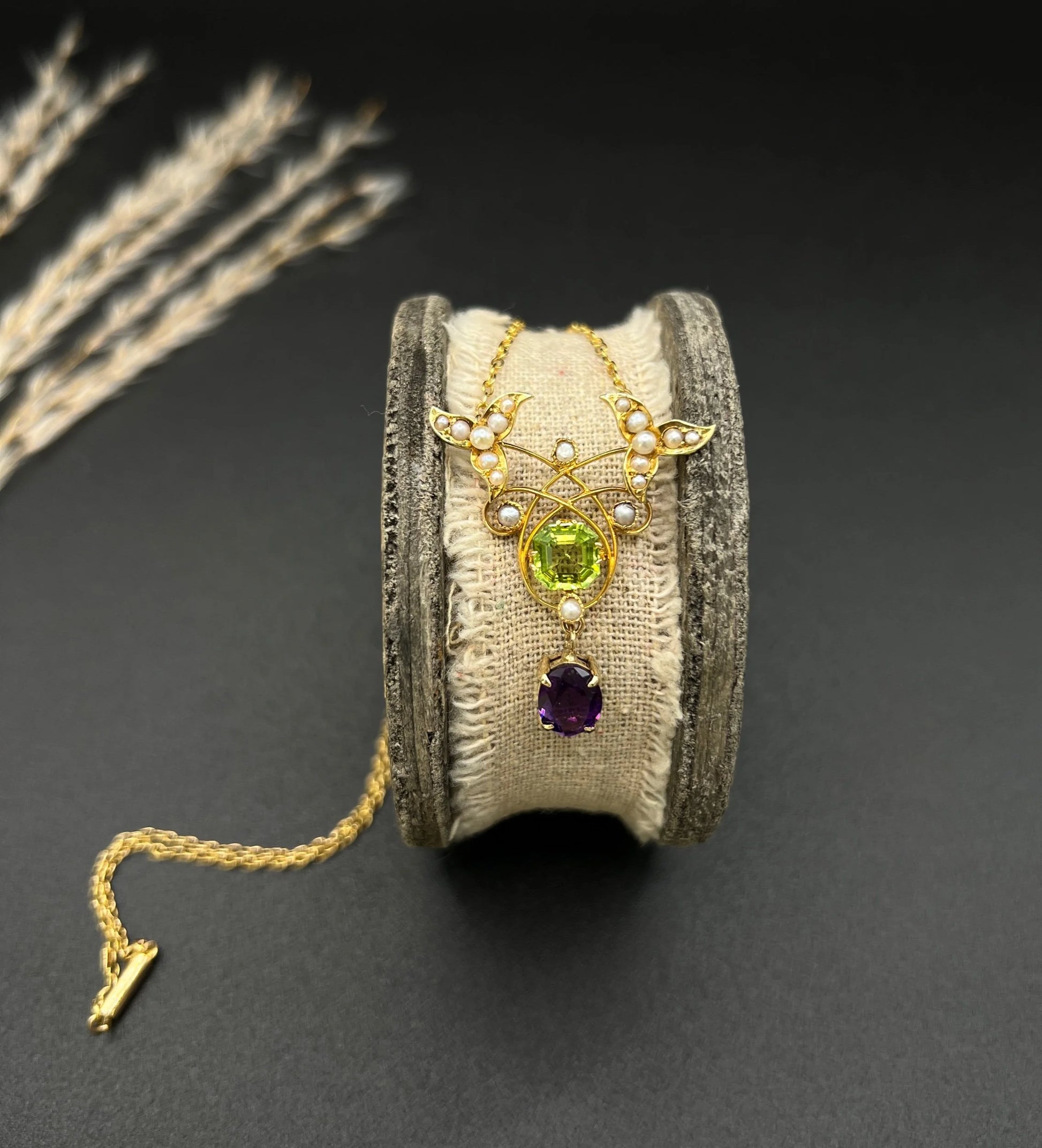 Antique 9 ct Gold Edwardian Suffragette Pendant Necklace With Amethyst, Peridot And Seed Pearls