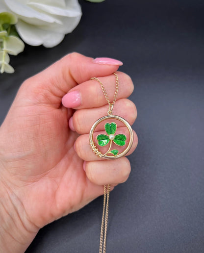 Antique 15 ct Gold, Edwardian Green Enamel And Pearl, 3 Leaf Clover Shamrock Pendant