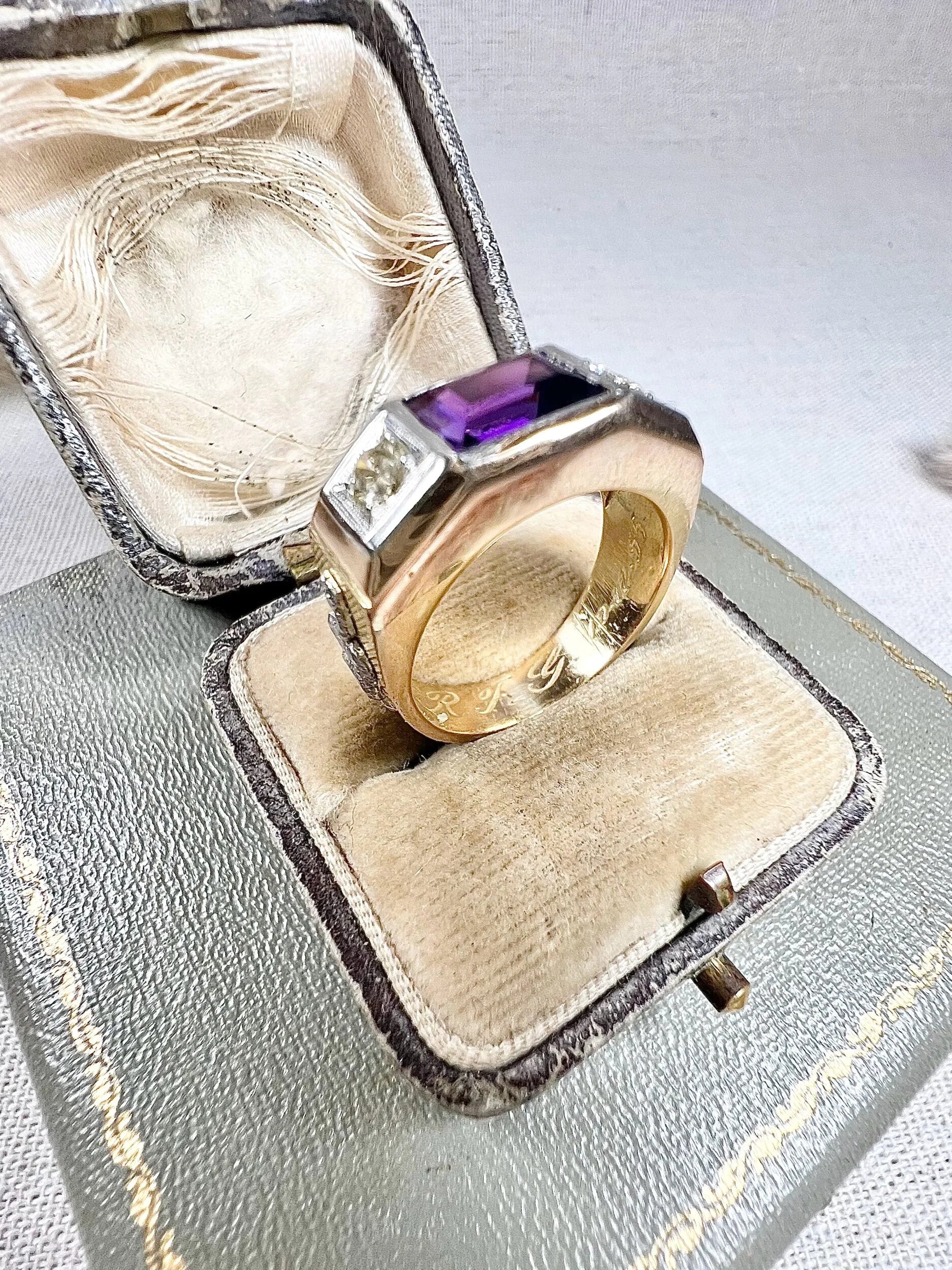 Vintage 18 Carat Gold Amethyst and Brilliant Cut Diamond Fraternity Ring, Circa 1950