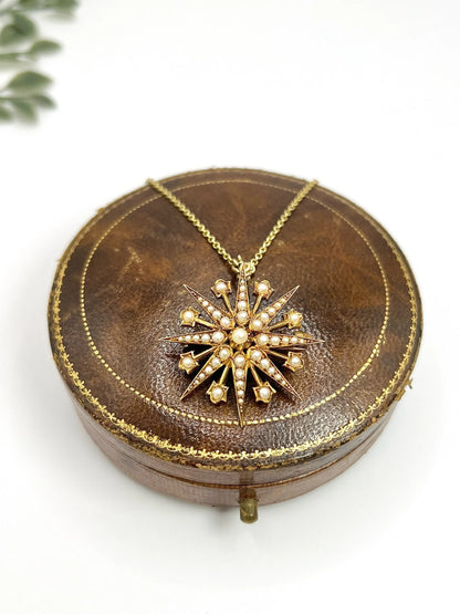 Antique 15 ct Yellow Gold, Edwardian Seed Pearl Star Pendant/Brooch
