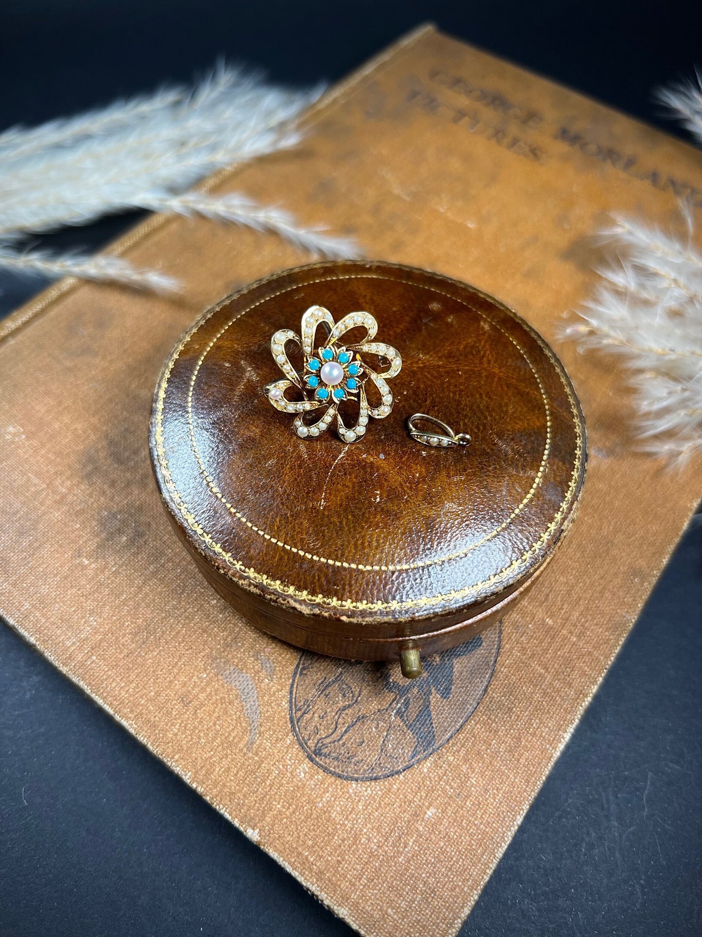 Antique 15ct Gold Edwardian Pearl & Turquoise Flower Pendant