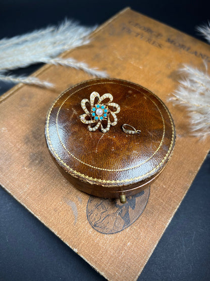 Antique 15ct Gold Edwardian Pearl & Turquoise Flower Pendant